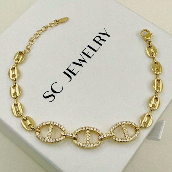 14K Gold Plated Mariner Link Chain Bracelet | Adjustable Waterproof Jewelry - Picture 3 of 13